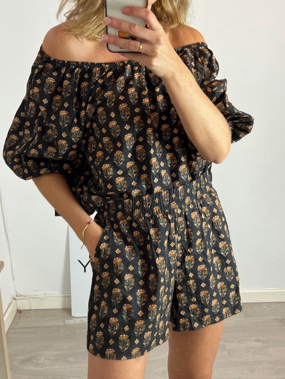 Mango 2 Piece Black & Orange Printed Cotton Bardot Too & Matching Shorts Set 4/S